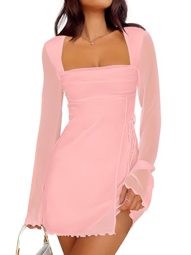 Image of Caracilia Womens Sexy Mesh Ruched Mini Dresses Long Sleeve Square Neck Tie Fall Club Party Cocktail Short Dress 2026 Fashion