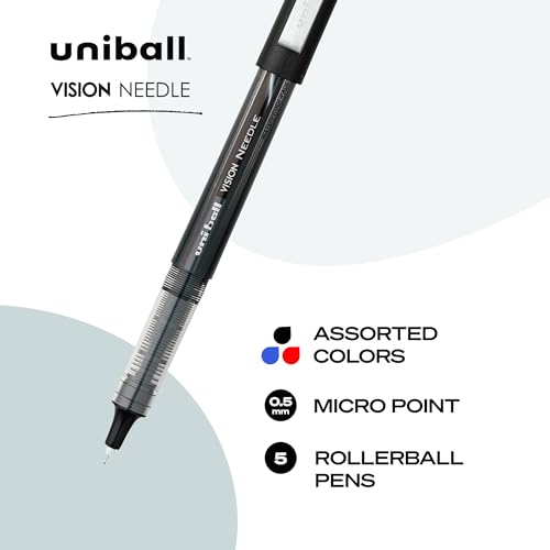 Image of uniball Vision Needle Rollerball Pens, Micro Point (0.5mm), Assorted Colors, 5 Pack
