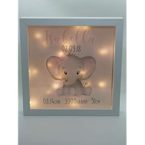 Beleuchteter Bilderrahmen personalisiert Leuchtrahmen Elefant Geschenk zur Geburt oder Taufe mit Namen Datum Mädchen…