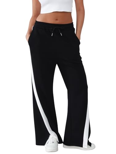 Women's Wide Leg Sweatpants Baggy Fit - Cotton Side Striped Track Pants with Pockets,High Waisted Straight Leg Pants