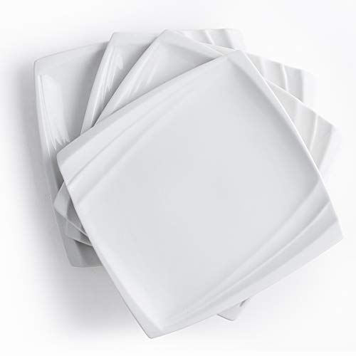 XUFENG 10 Inch Square Dinner Plates White Set of 4 Modern Lunch Serving Plates (Wave Design)