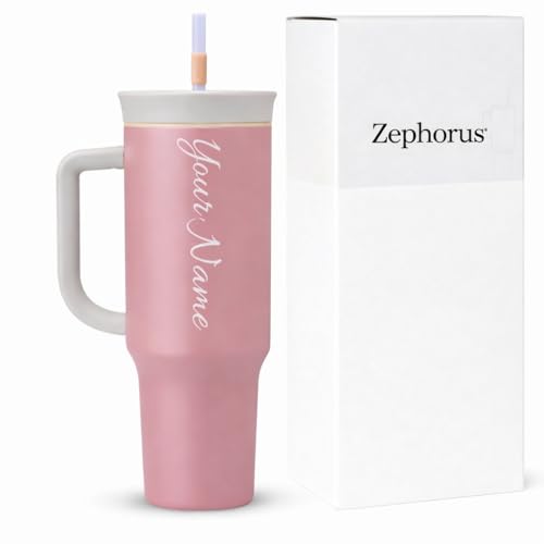Image of Zephorus Stainless Steel Triple Layer Insulated Travel Tumbler with Spill Resistant Lid, Straw, and Carry Handle, BPA Free, 40 oz, Dusty Pink (Yoga Rose)