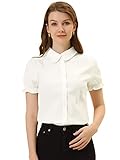 Allegra K Women's Short Sleeve Button-Up Peter Pan Collar Blouse Medium White