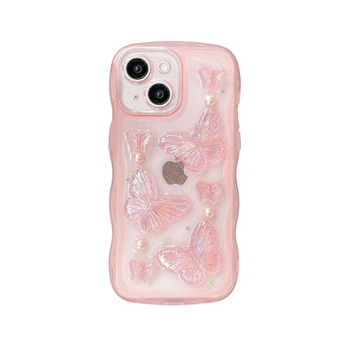 Coque iPhone 15 transparente 3D papillon perle pour femme
