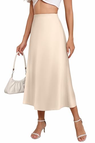 Women's Long Satin Spring Summer Skirt Silk Glossy Elegant High Waist Elastic Waistband A-line Midi Skirt