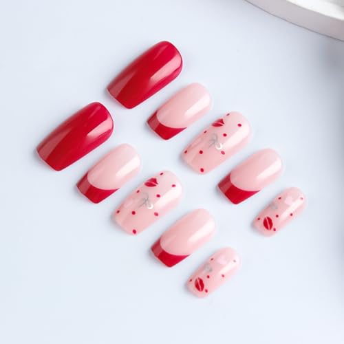 Image of Red Press on Nails Heart Fake nails French Tip Glue Glossy Full Cover Nail Press ons Short Square Stick on Nail for Women Girls Manicure 24Pcs
