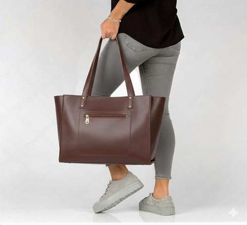 Image of tote bag for women office use - Brown Vegan Leather Tote Bag for Work-Office, Laptop 15-inch Fully Embossed Shoulder Handbag Stylish & Durable