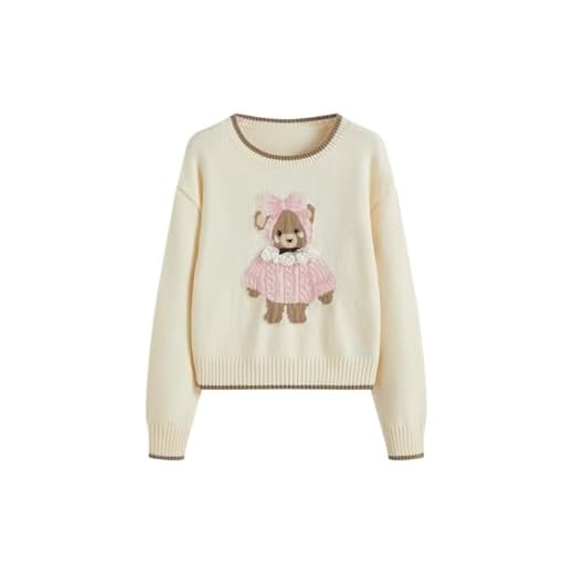 CIDER Women's Fall Sweaters Cropped Long Sleeve Cute Sweaters Bear Graphic Crewneck Soft Knit Casual Pullover