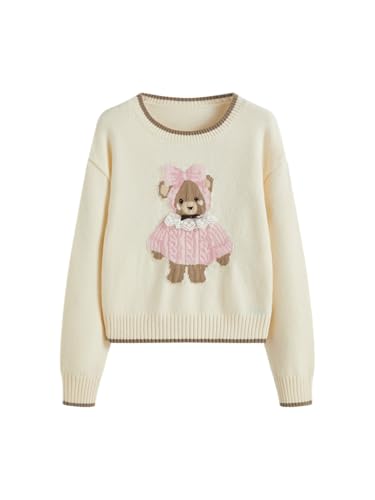 Image of CIDER Women's Fall Sweaters Long Sleeve Cute Sweaters Bear Graphic Crewneck Soft Knit Casual Cropped Pullover