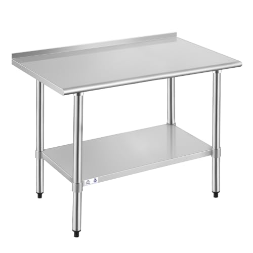 Image of ROCKPOINT Stainless Steel Table for Prep & Work with Backsplash 24x48 Inches, NSF Metal Commercial Kitchen Heavy Duty Table with Adjustable Under Shelf and Table Foot for Restaurant, Home and Hotel