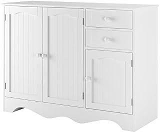 HOCSOK Wooden Sideboard, Cabinet with Doors and Drawers, Floor Side Cupboard for Living Room, Bedroom, Dining Room, Kitchen, White, 105x40x78cm
