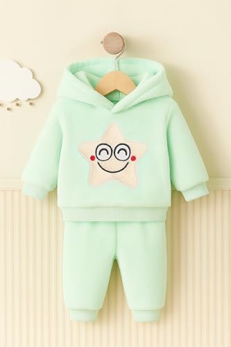 Image of Bold N Elegant Unisex Kids Fleece Printed Smiling Star Warm Fur Pullover Sweatshirt Hoodie Tshirt and Jogger Pant Winter Clothing Set Dress