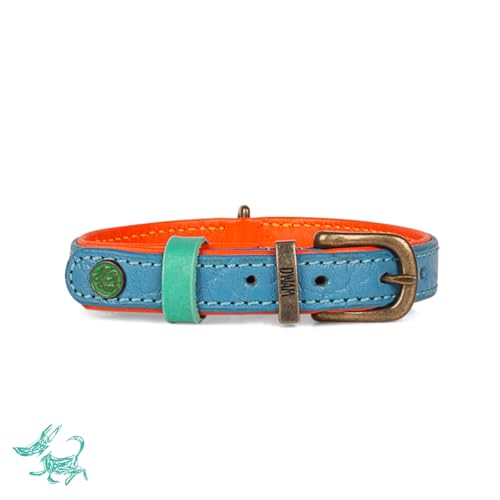 Dog with a Mission - Hundehalsband XXS | Blau, Orange, Bestickt | Boho, Ethno, Urban, Hippie | Kleine Hunde | Handgemacht | Modisch und Bunt | Aus weichem Echtes Leder | 2 cm Breit