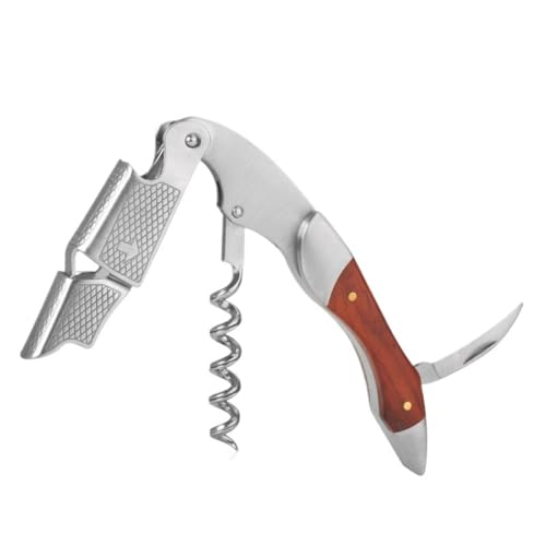 Vlfn ワインオープナー ソムリエナイフ 3in1多機能 (コルク抜き・じょばんにナイフ・ビールオープナー) ナチュラル木製ハンドル 栓抜き おしゃれ コンパクト 420ステンレス鋼 携帯便利 ギフト対応 (網目紅梨木-ダブルスチールヘッドワインオープナ