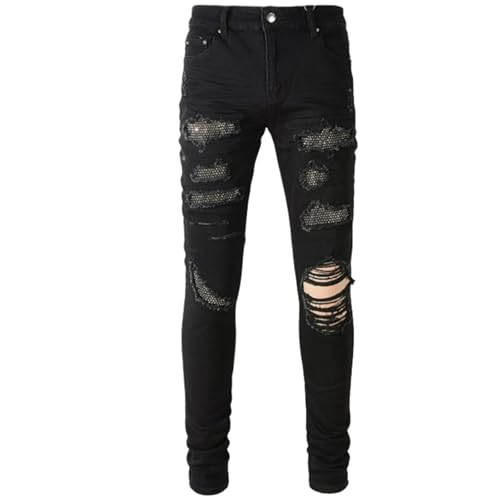 Jeans Pants Trousers Denim Men Street Trendy Stretch Slim Fit Tight Black Punch Worn Hole Personalized Hairy Edge with Zircon Sequin Casual Small Leg(Black,29)3