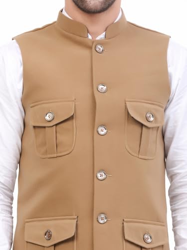 Image of FH Wearza Polywool tweed Solid multipocket Sleeveles Nehru Jacket For Men