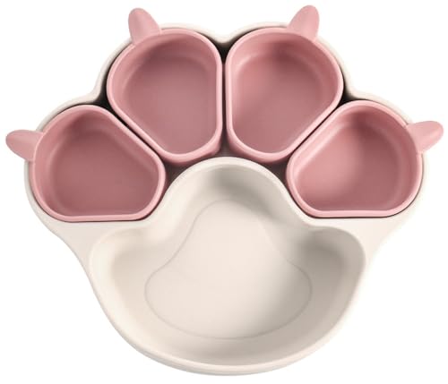 ベビー食器セット 5グリッド 吸盤付き ひっくり返らない 離乳食対応 食品級シリコン製 滑り止め&分離式デザイン 出産祝い ギフト対応 猫の爪 かわいいカラフルデザイン (ベージュ+ピンク)