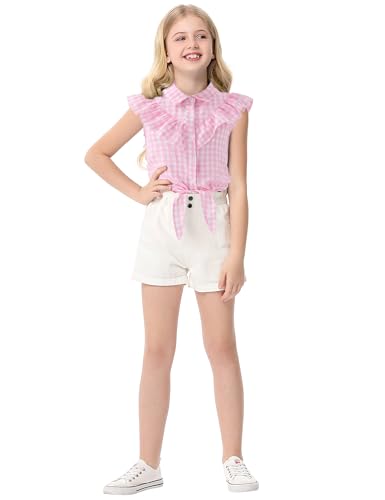Image of Girls Sleeveless Plaid Button Down Shirt Summer Crop Tops Tie Knot Ruffle Sleeve Shirt Blouse 3-12Y
