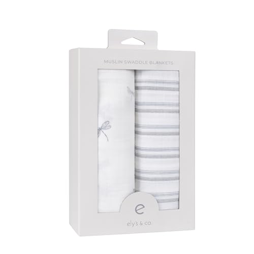 Image of Ely's & Co. Muslin Swaddle Blankets 2-Pack for Baby Boy, 100% Cotton Muslin Extra Large Swaddle Receiving Blankets, 47 inchx47 inch (Blue Dragonflies + Stripes)