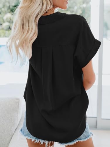 Womens Button Down Casual Shirts Cotton Short Sleeve Blouses Solid Summer Tops with Pocket4
