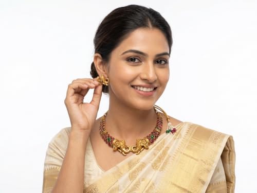 Image of Gold-Plated Antique Temple Jewellery Set for Women - Traditional Necklace with Large Peacock Pendant & Matching Jhumka Earrings | Ethnic Festive & Bridal Wear Set with Ruby & Emerald Accents