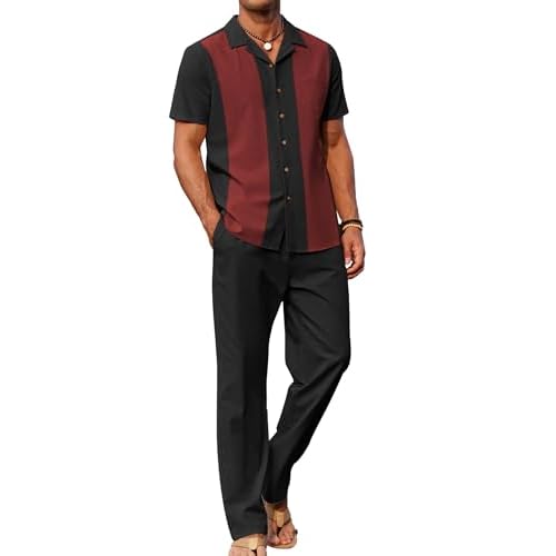 COOFANDY Men 2 Piece Linen Outfit Beach Button Down Shirt Casual Loose Pant Sets Black Patchwork Wine Red Shirt/Black Pants XX-Large