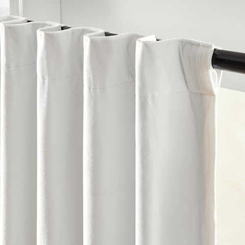 Image of Blackout White Velvet Curtains Neutral Back Tab 52x90 Inch 2 Panels | Soft, Light Filtering, For Bedroom & Living Room, Light Shifting Texture, Elegant Drape, Fresh Ambiance, Smooth Glide