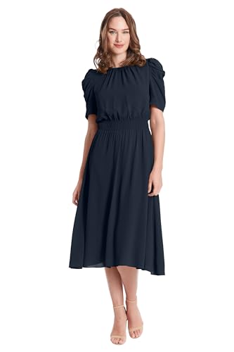 Image of London Times Women's Caterpillar Puff Sleeve Midi Dress - Gathered Waist A-Line Flowy Summer Dress