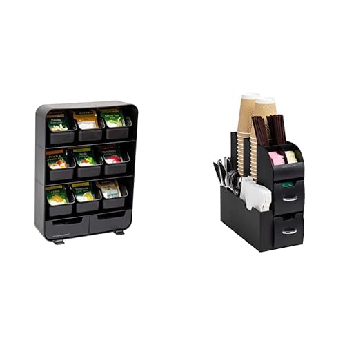 Mind Reader Tea Bag Organizer Station & Cup and Condiment Station, Countertop Organizer, Coffee Bar, Kitchen, Stirrers Black