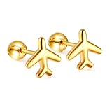 Minimalist Tiny Airplane Cartilage Stud Earrings for Women Stainless Steel Cute Aircraft Small Barbell Screw Back Tragus Post Fashion Piercing Earring Birthday Holiday (Gold-Toned)