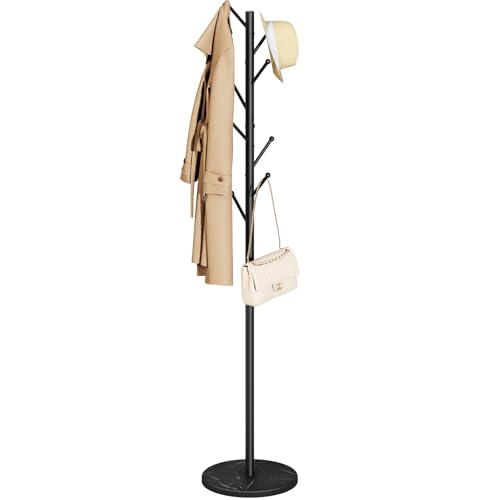 Yoobure Coat Rack Freestanding with Natural Marble Base - Coat Tree with 8 Hooks Heavy Duty Coat Hanger Stand, Metal Coat Rack Stand for Jacket, Hat, Clothes & Bag, Hall Tree Hat Rack for Entryway