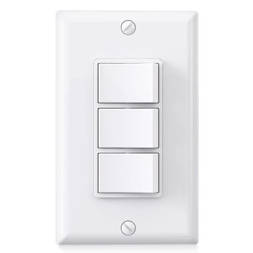 AIDA Single Pole Triple Paddle Rocker Decorator Light Switch, 15 Amp Self-grounding Electrical Light Switches, Residential Grade, UL Listed (1 Pack, Glossy White)