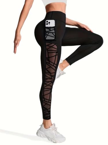 Butt Lifting Women's Sports Yoga Leggings, Mesh Stitching Pockets Tight Sports Pants