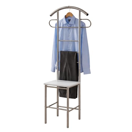 HOOZ Herrendiener Metall Silber-Weiß [KNITTERFREIE ANZUG AUFBEWAHRUNG] inkl. Sitzfläche (33x29cm) & bis 100kg belastbar – moderner stummer Diener, Anzugständer & Kleiderbutler – platzsparend 120x52x40
