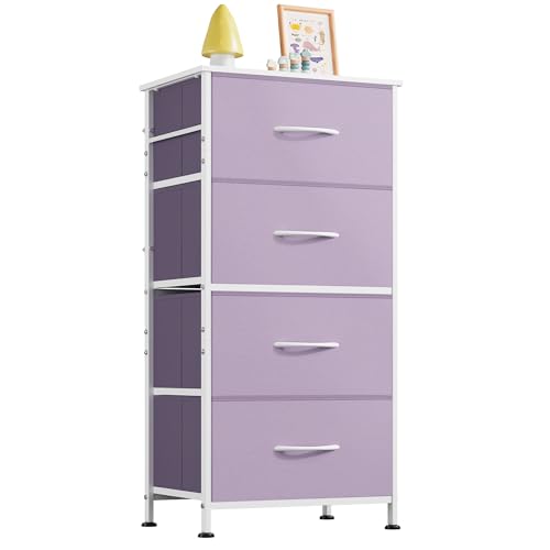 Image of WLIVE Dresser with 4 Drawers, Storage Tower, Organizer Unit, Fabric Dresser for Bedroom, Hallway, Entryway, Closets, Sturdy Steel Frame, Wood Top, Easy Pull Handle, Purple