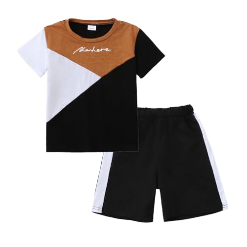 Image of Ayzozuy Boy Clothes Colorblock Top + Drawstring Waist Shorts 2 Pieces Kid Summer Outfits Set