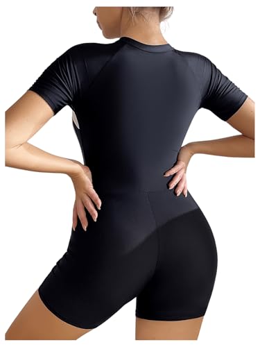 OYOANGLE Women's Colorblock Zipper Front Sport One Piece Swimsuit Shorts Romper Bathing Suit Swimwear2