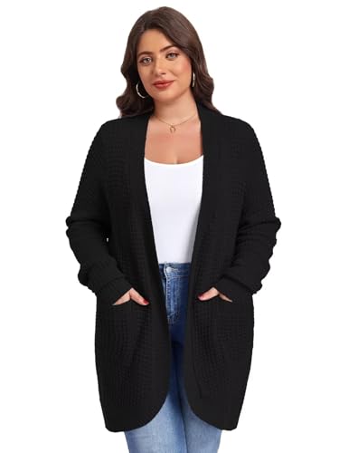 Image of LARACE Long Cardigans for Women Plus Size Tops Open Front Sweaters with Pockets Waffle Ribbed Sleeve Loose Fall Outwear