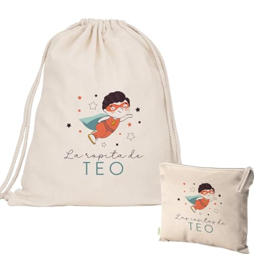 EVYRE | Pack Bolsa y Neceser | Mochila Infantil Personalizada Con Nombre | Mochila Niña/o + Neceser Bebe Guarderia | Mochila de Cuerdas Niño/a Algodón Orgánico | Bolsa Merienda Infantil | Heroe