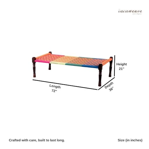 Image of FURNWEAVE Solid Sheesham Wood Charpai Khat | Handcrafted Daybed Khatiya Charpai with Cotton Rope | Traditional Khat Bed Wooden Diwan Cot for Living Room | 6X3 Feet | Colorful 003 (Orange-Multi)