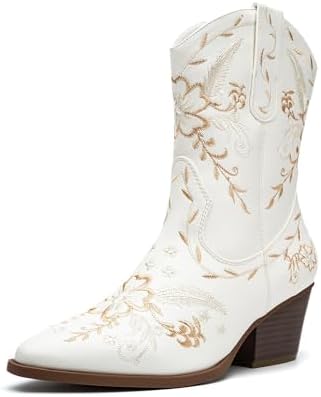 ANJOUFEMME Cowboy Boots Woman Cowgirl Western Boots For Women Ladies Chunky Heel Wide Mid Calf Pointy Toe Country Fashion Womens Shoes with Side Zip