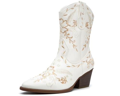 Cowboy Boots Woman Cowgirl Western Boots For Women Ladies Chunky Heel Wide Mid Calf Pointy Toe Country Fashion Womens Shoes with Side Zip