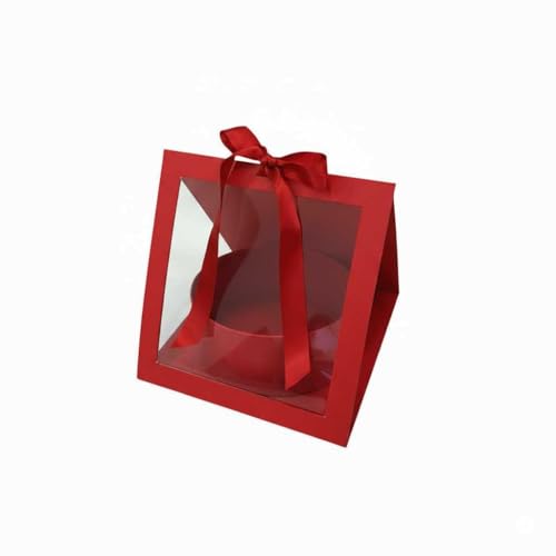 Emartbuy Caja de regalo cuadrada de flores con ventana transparente, cartón rígido, rojo, 25 x 26 x 23 cm, caja de exhibición de lujo ideal para flores, cestas, chocolates y regalos especiales