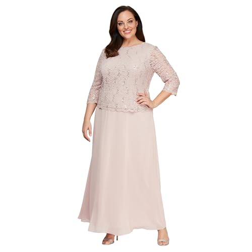 Image of Alex Evenings Women's 3 /4 Sleeve Stretch Lace Bodice One Piece Mother of The Bride Dress