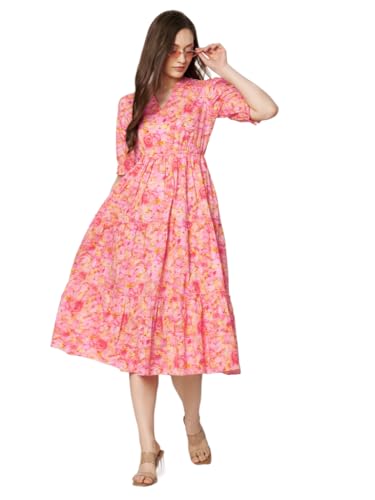 Image of PIDAVLIYA'S Women's Floral Summer Maxi Dress I Cotton Printed I One Piece Bodycon Midi Dress with V-Neck, Puffed Sleeves