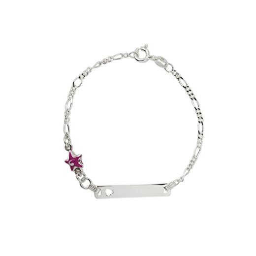 Aka Gioielli® - Pulsera ID Placa Plata de Ley 925 con Colgante Estrella Rosa Esmalte, Regalo para niñas