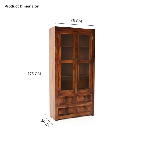 Image of SONA Art & Crafts Wooden Crockery Cabinet with Glass Door | Wooden Book Shelf for Home Library | Bookshelf Crockery Unit for Home & Kitchen Living Room (Natural Brown)