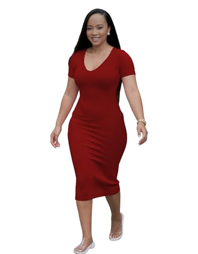 Image of TOPSRANI Women Sexy Midi Dress Bodycon Casual Sleeveless Basic Ruched Tank Summer Club Party Dresses