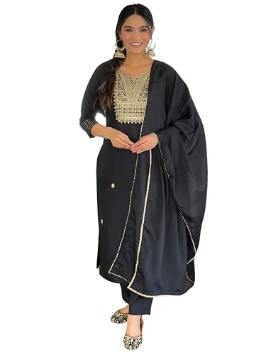 Image of Naixa Women's Rayon Slub Embroidered Straight Kurta with Pant and Dupatta Sets (Available in Plus Size) (NX-554)