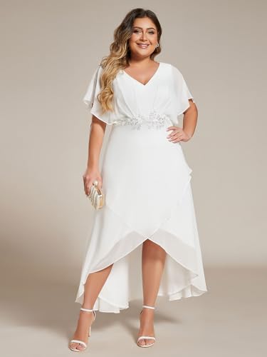 Image of Ever-Pretty Plus Women's V Neck Applique Plus Size Wedding Guest Dress Short Sleeves Maxi Formal Dresses